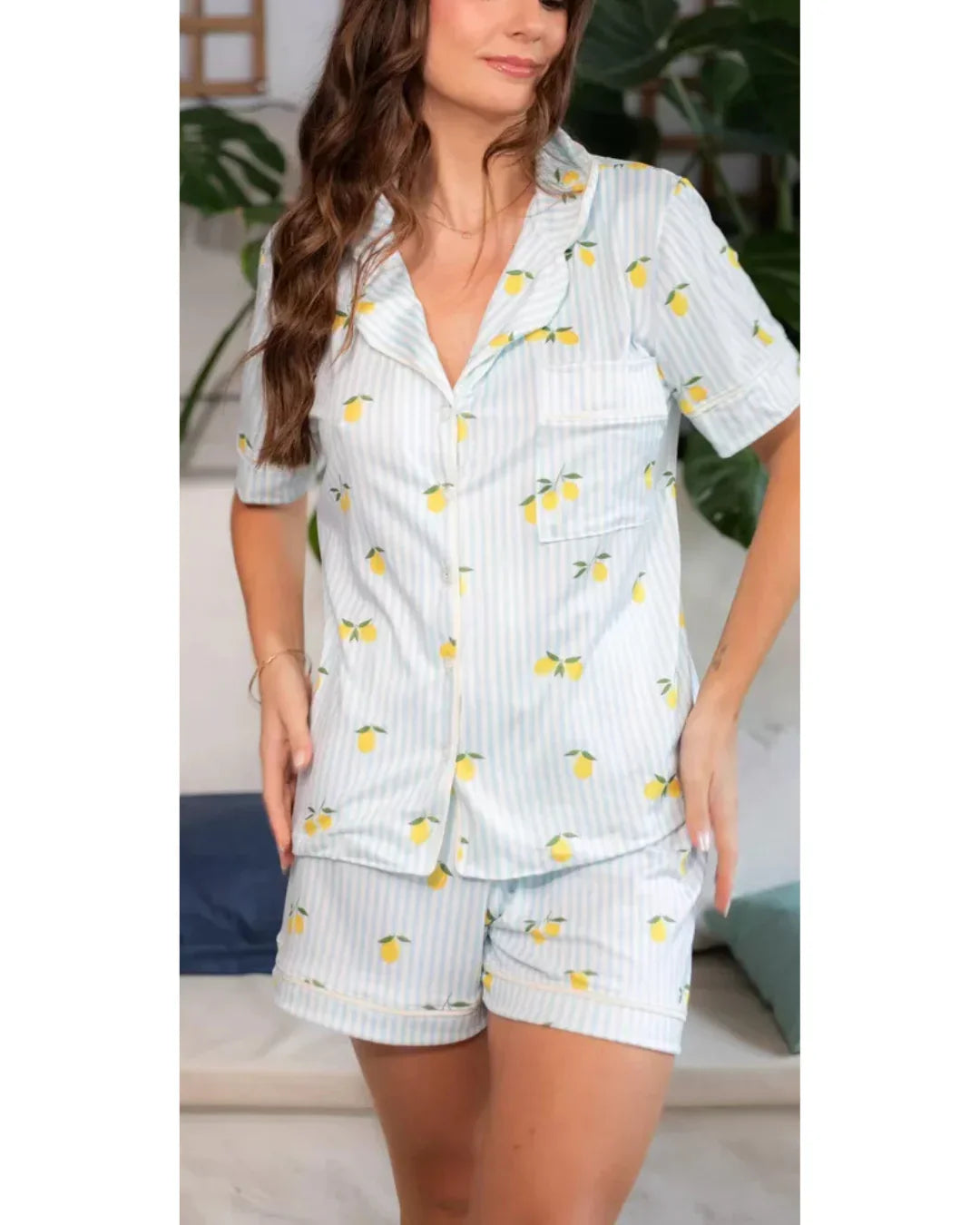 Pijama Feminino Americano Curto Listrado Limão