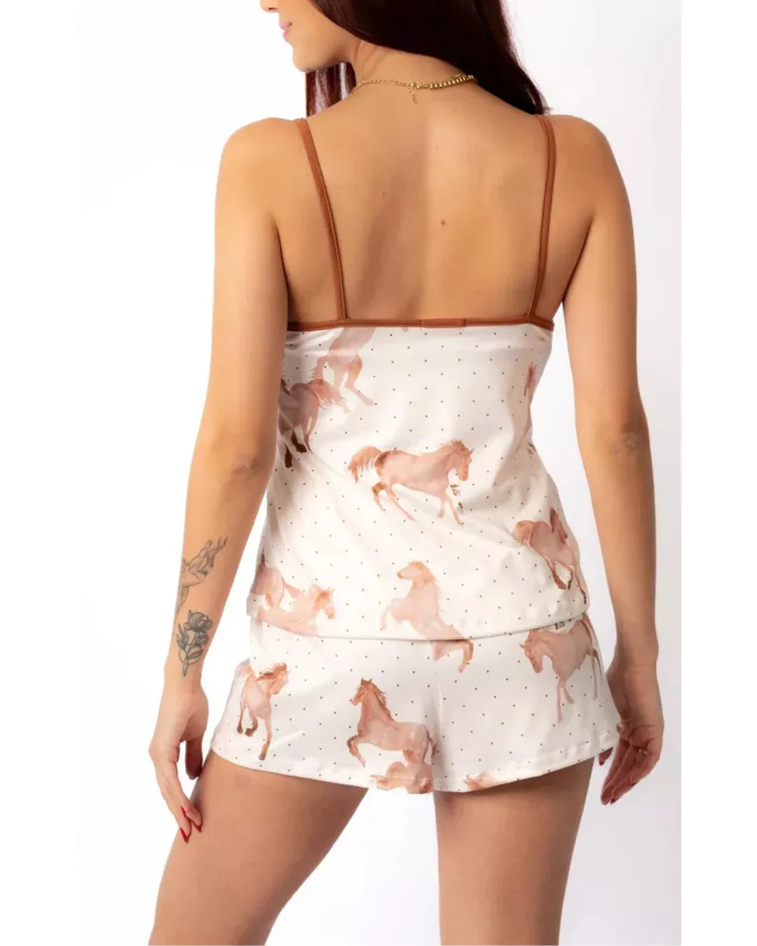 Pijama Curto Alcinha Marrom Cavalos