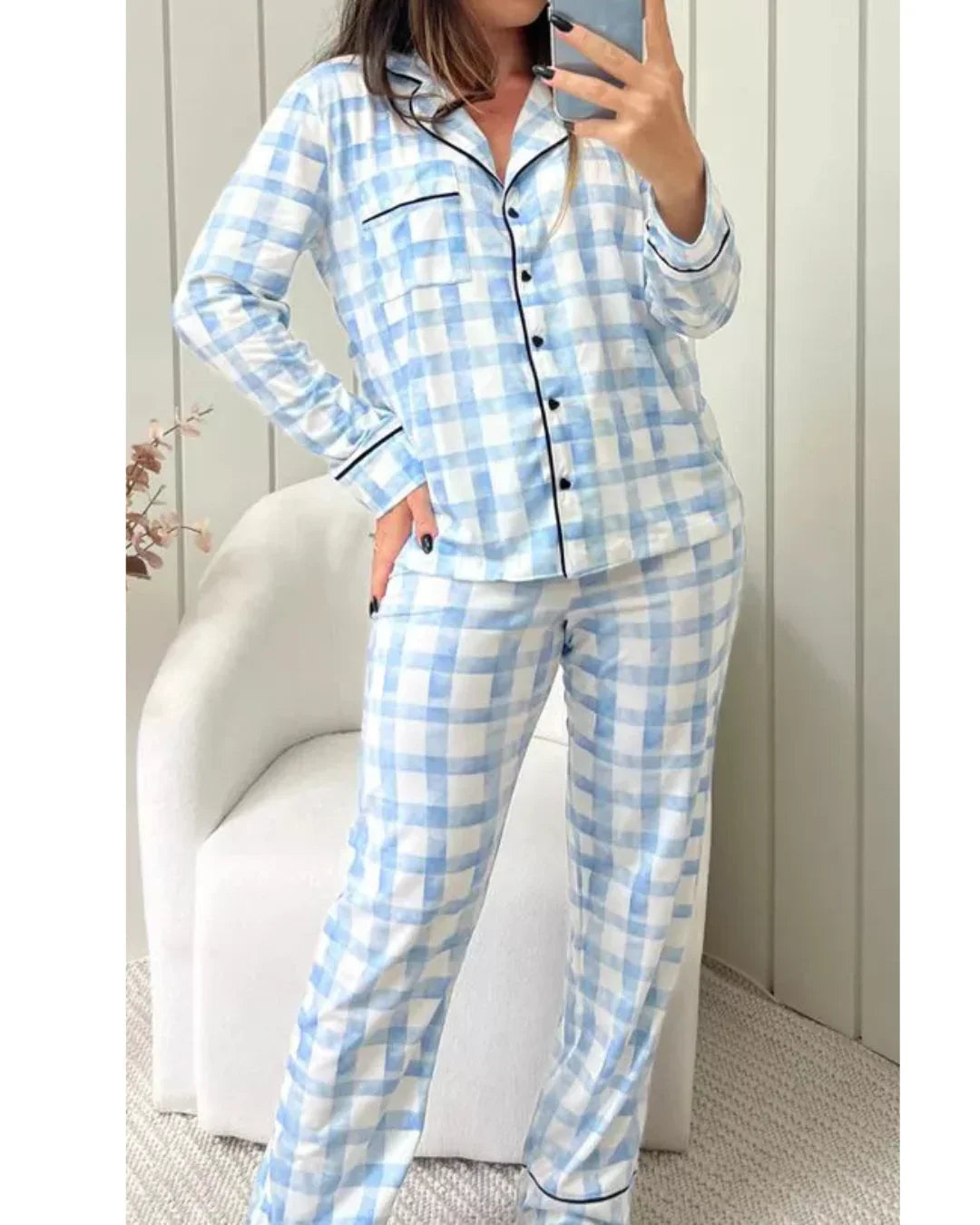 Pijama Feminino Americano Longo Xadrez Azul