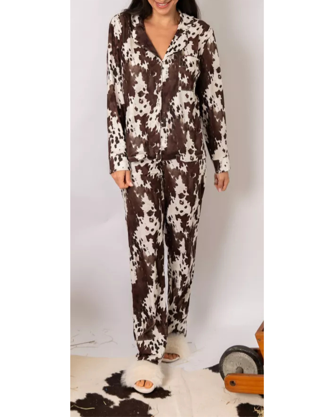 Pijama Feminino Americano Longo Vaca Animal Print
