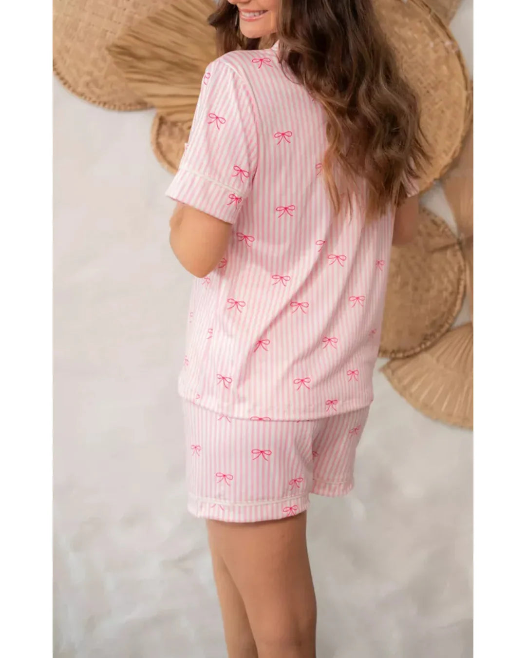 Pijama Feminino Americano Curto Laços Rosa