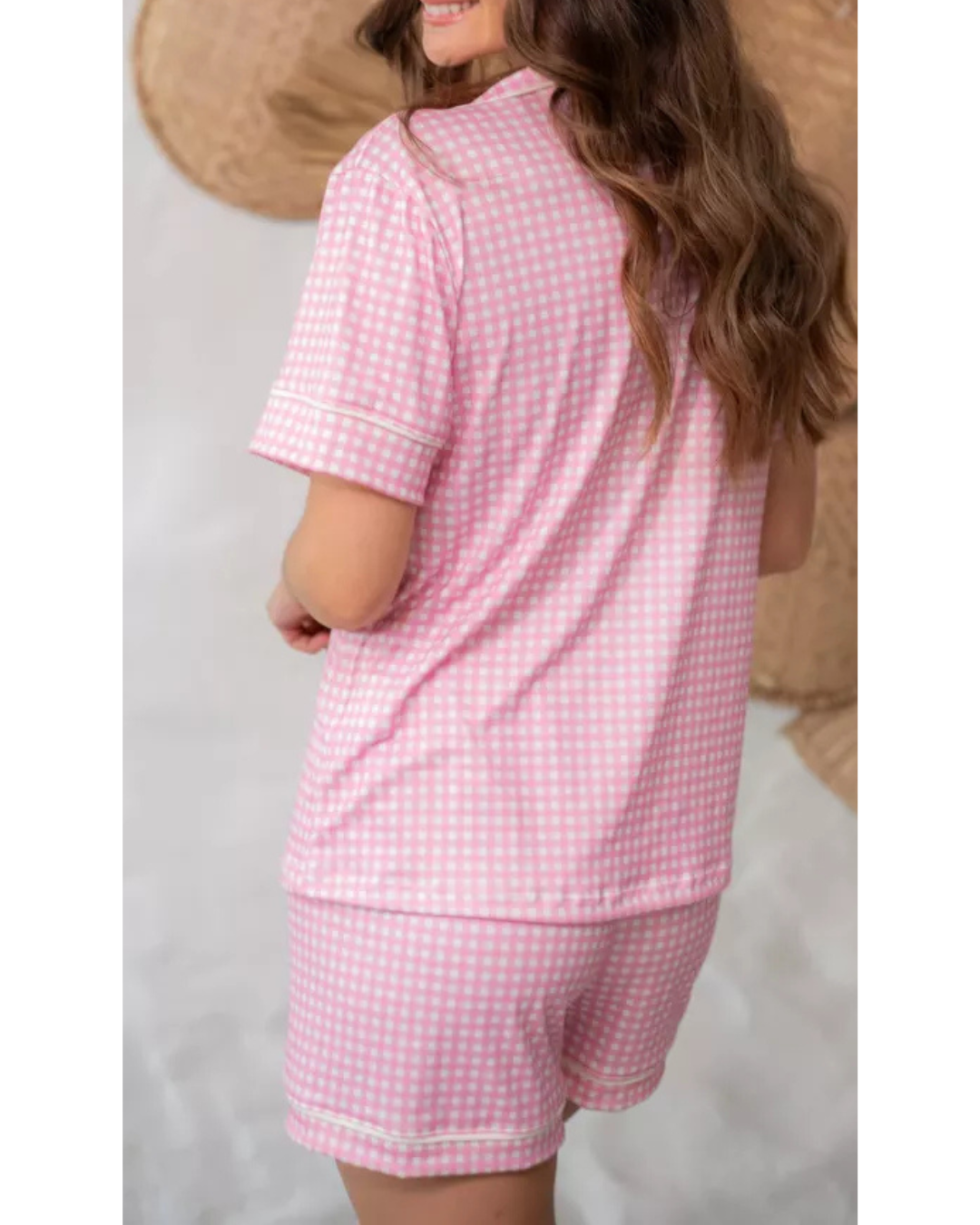 Pijama Feminino Americano Curto Xadrez Branco e Rosa