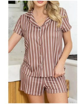 Pijama Feminino Americano Curto Listrado Marrom