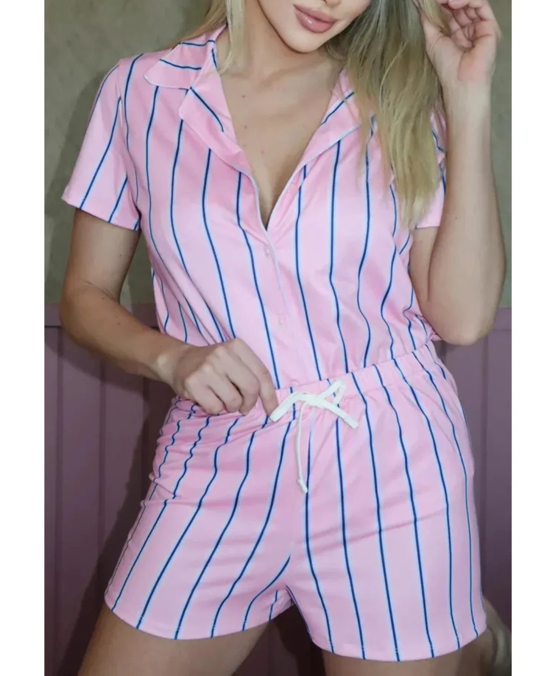 Pijama Feminino Americano Curto Listrado Rosa e Azul