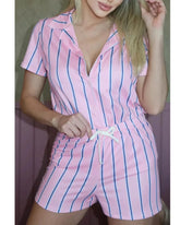 Pijama Feminino Americano Curto Listrado Rosa e Azul