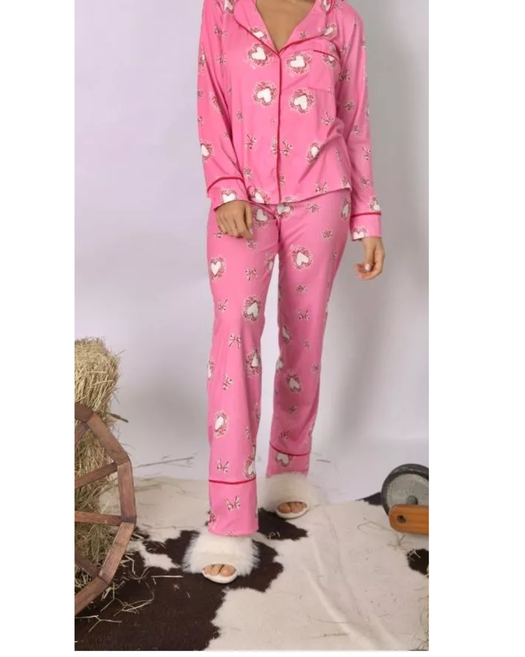 Pijama Feminino Americano Longo Rosa Corações
