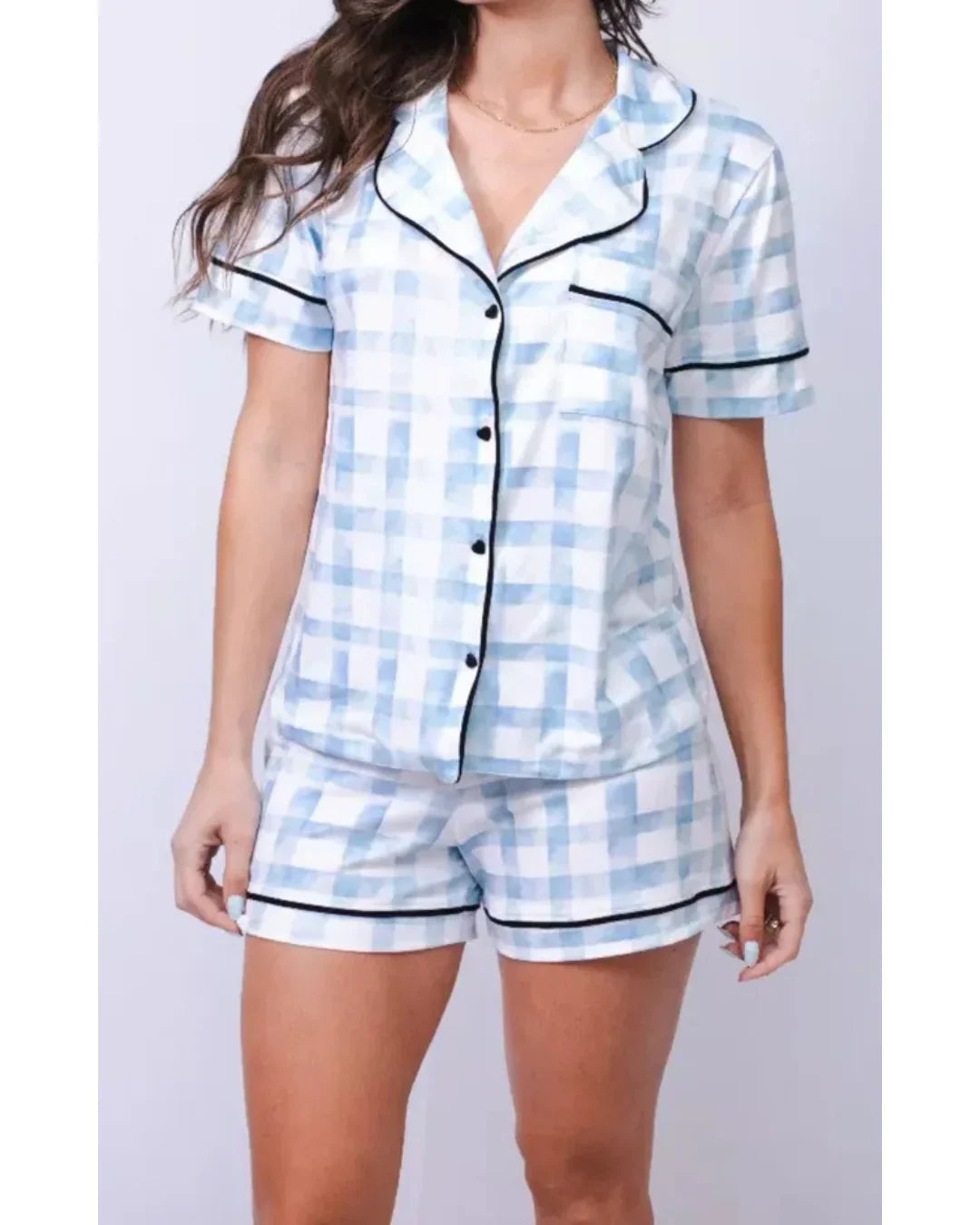 Pijama Feminino Americano Curto Agda Xadrez Azul