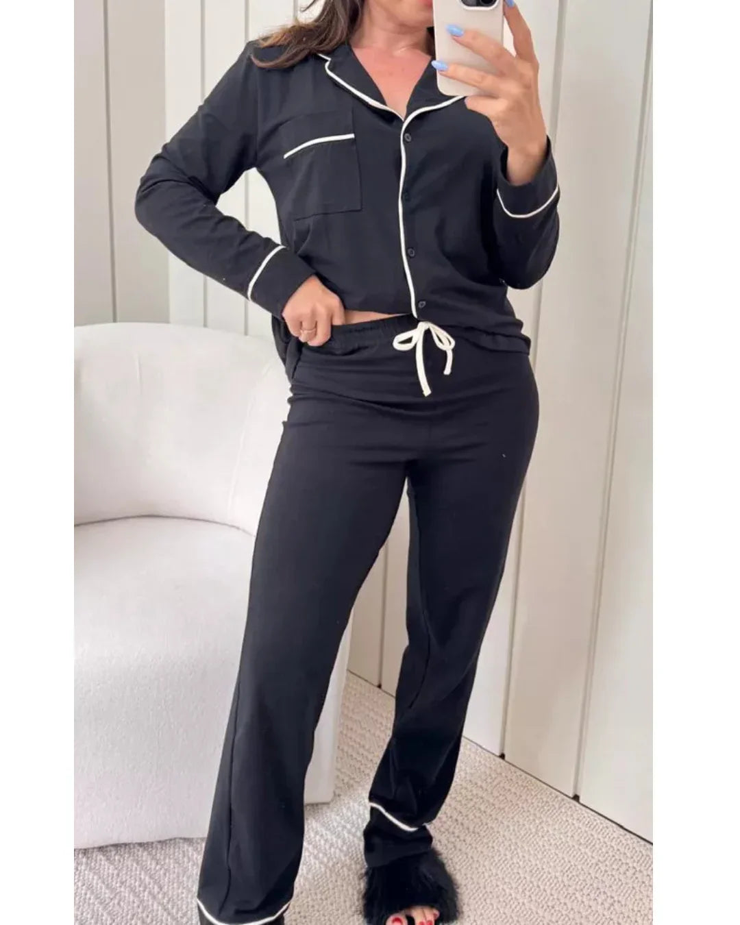 Pijama Feminino Americano Longo Algodão Preto