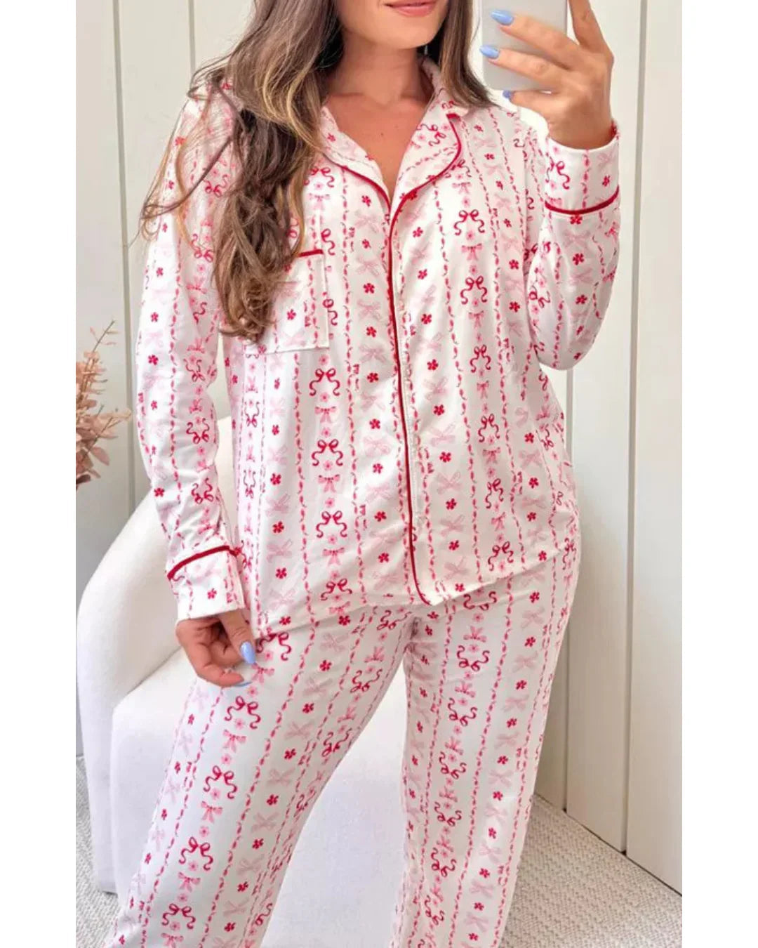 Pijama Feminino Americano Longo Laço Vermelho