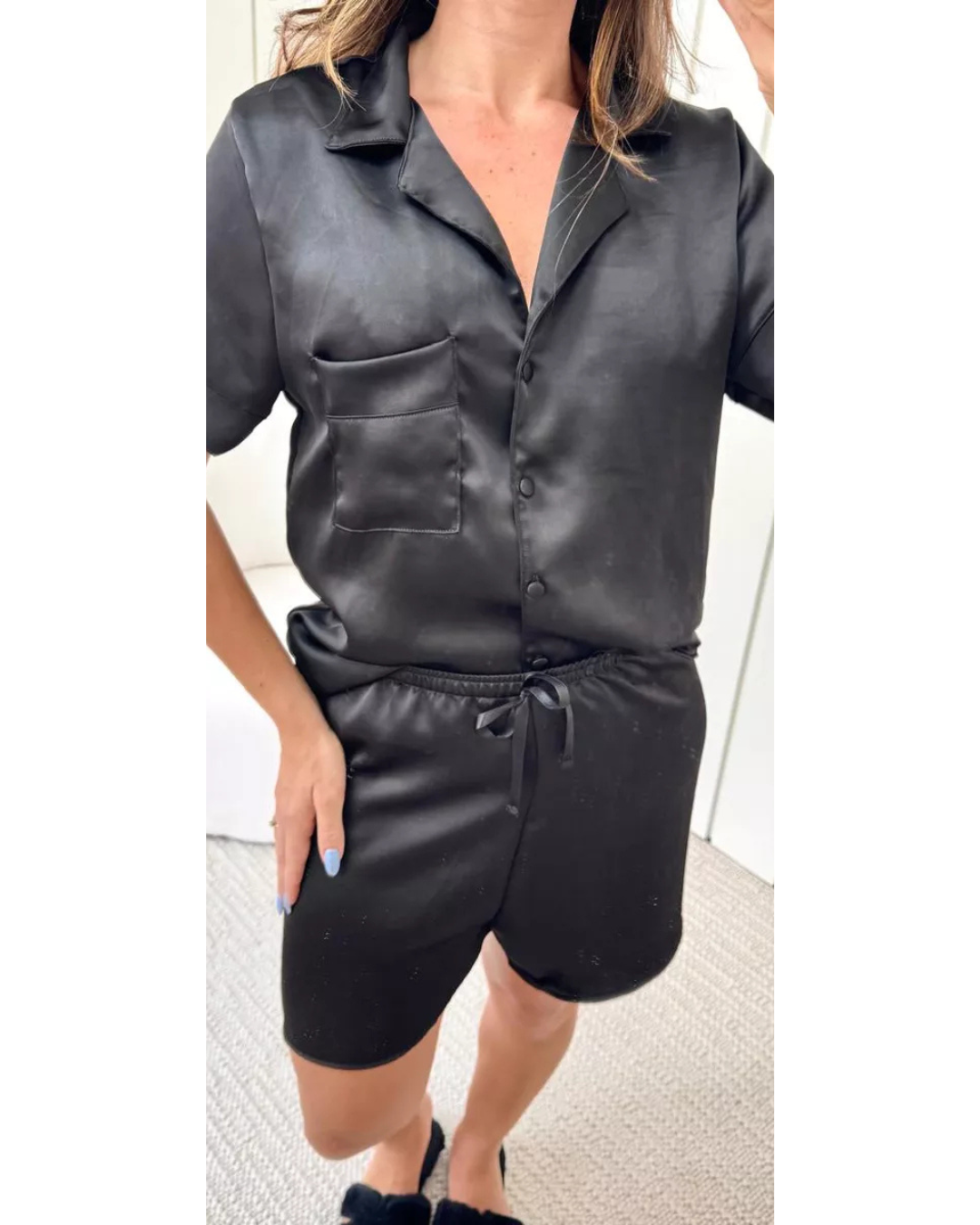 Pijama Feminino Americano Curto Preto Cetim