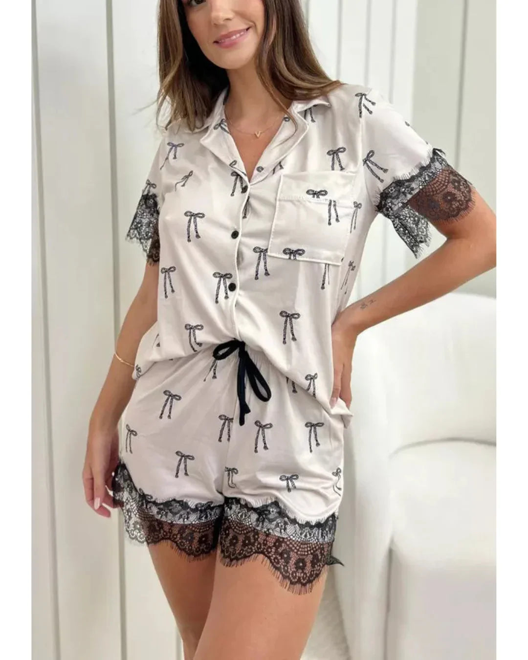 Pijama Feminino Americano Curto Laços Com Renda