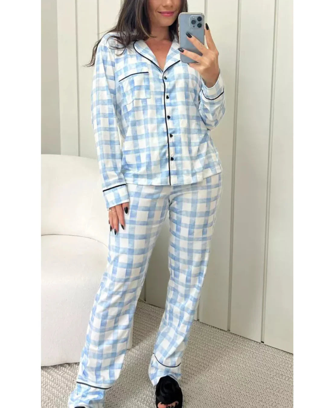 Pijama Feminino Americano Longo Xadrez Azul