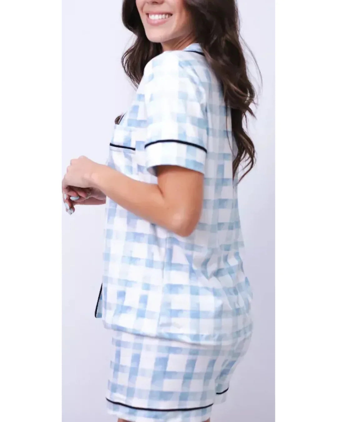 Pijama Feminino Americano Curto Agda Xadrez Azul