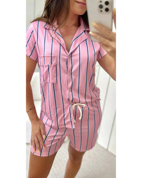 Pijama Feminino Americano Curto Listrado Rosa e Azul