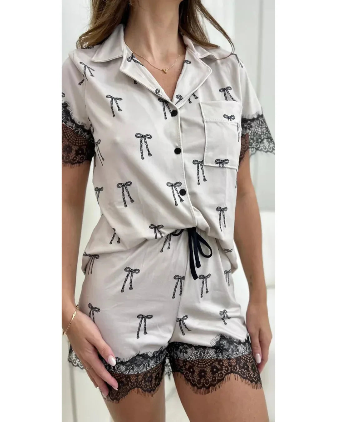 Pijama Feminino Americano Curto Laços Com Renda