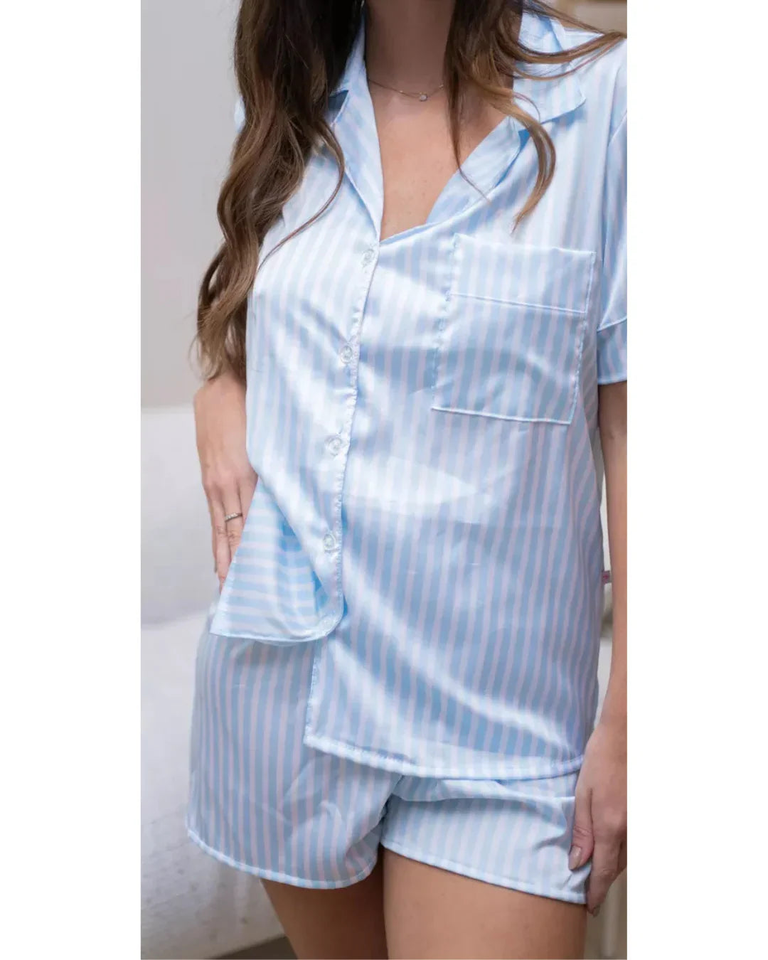 Pijama Feminino Americano Curto Cetim Listrado Azul