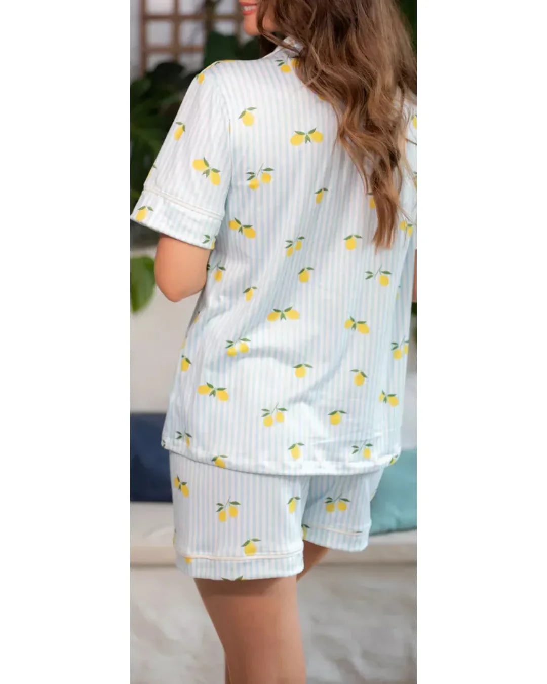 Pijama Feminino Americano Curto Listrado Limão