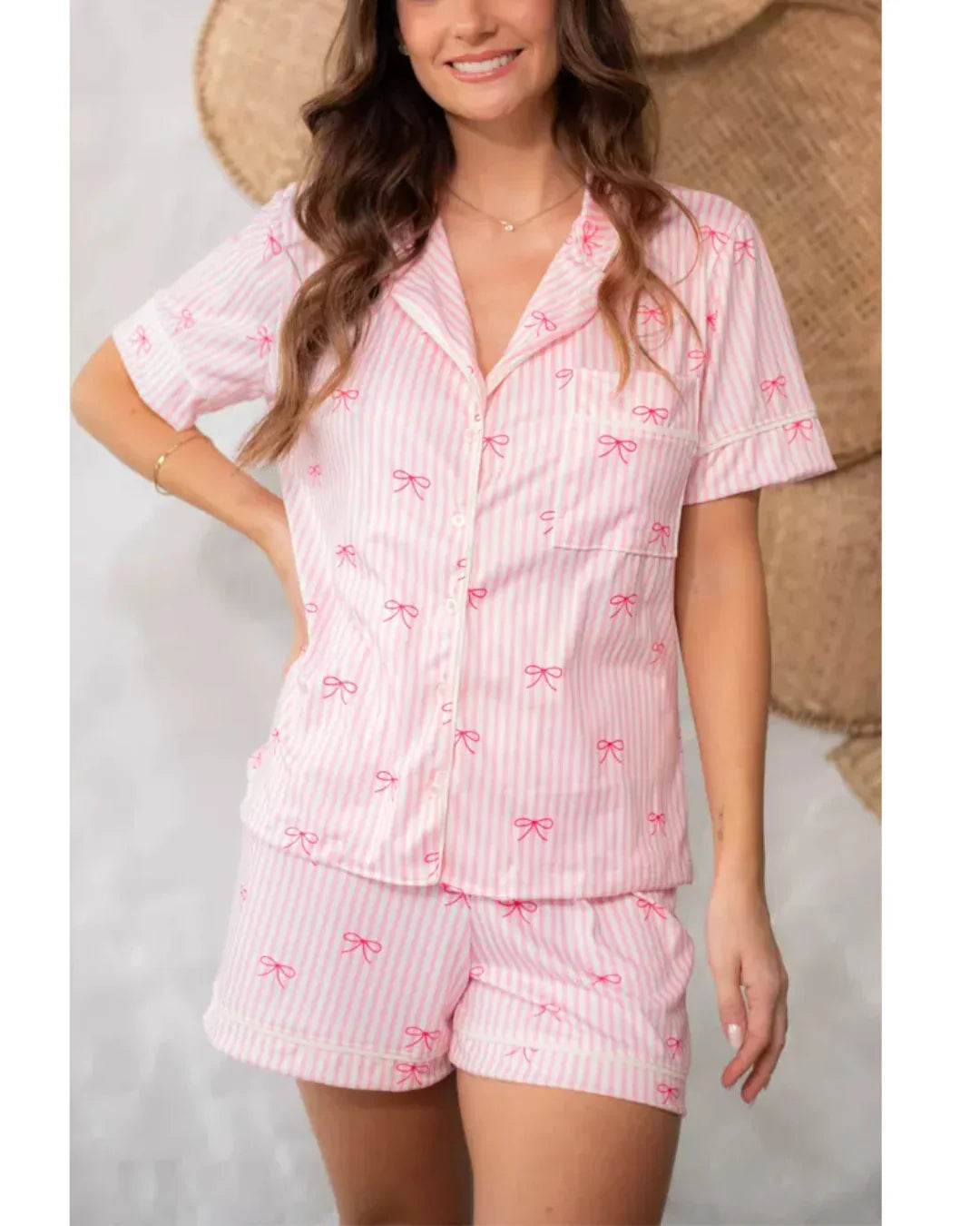 Pijama Feminino Americano Curto Laços Rosa