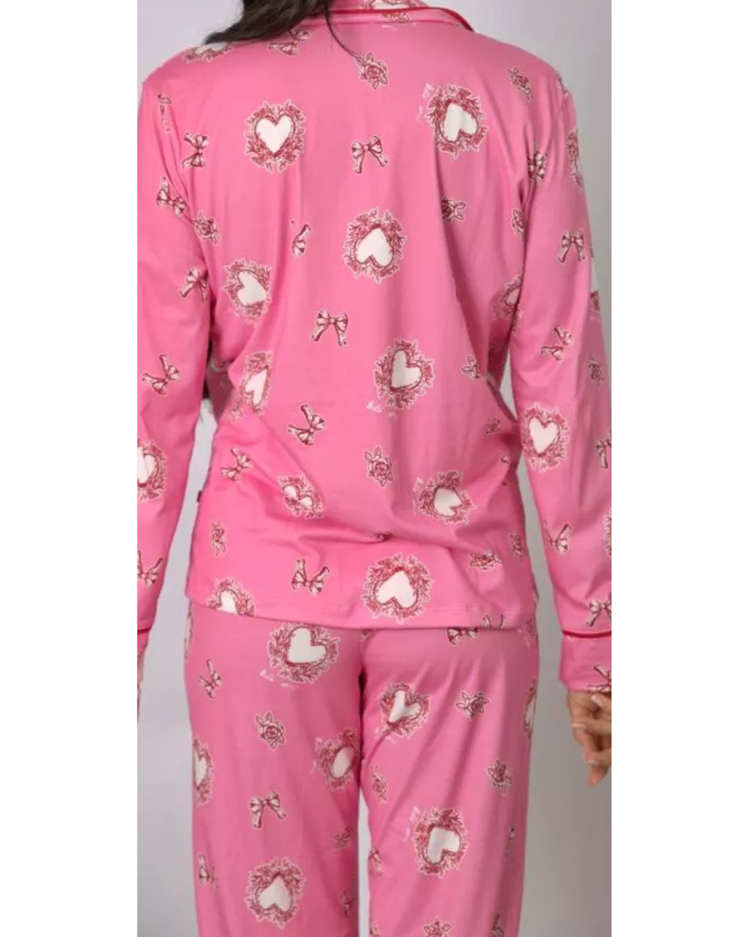 Pijama Feminino Americano Longo Rosa Corações