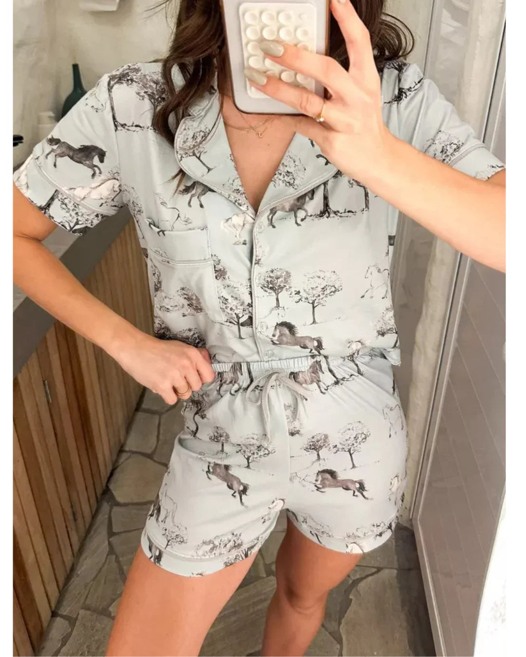 Pijama Feminino Americano Curto Cavalos Vintage