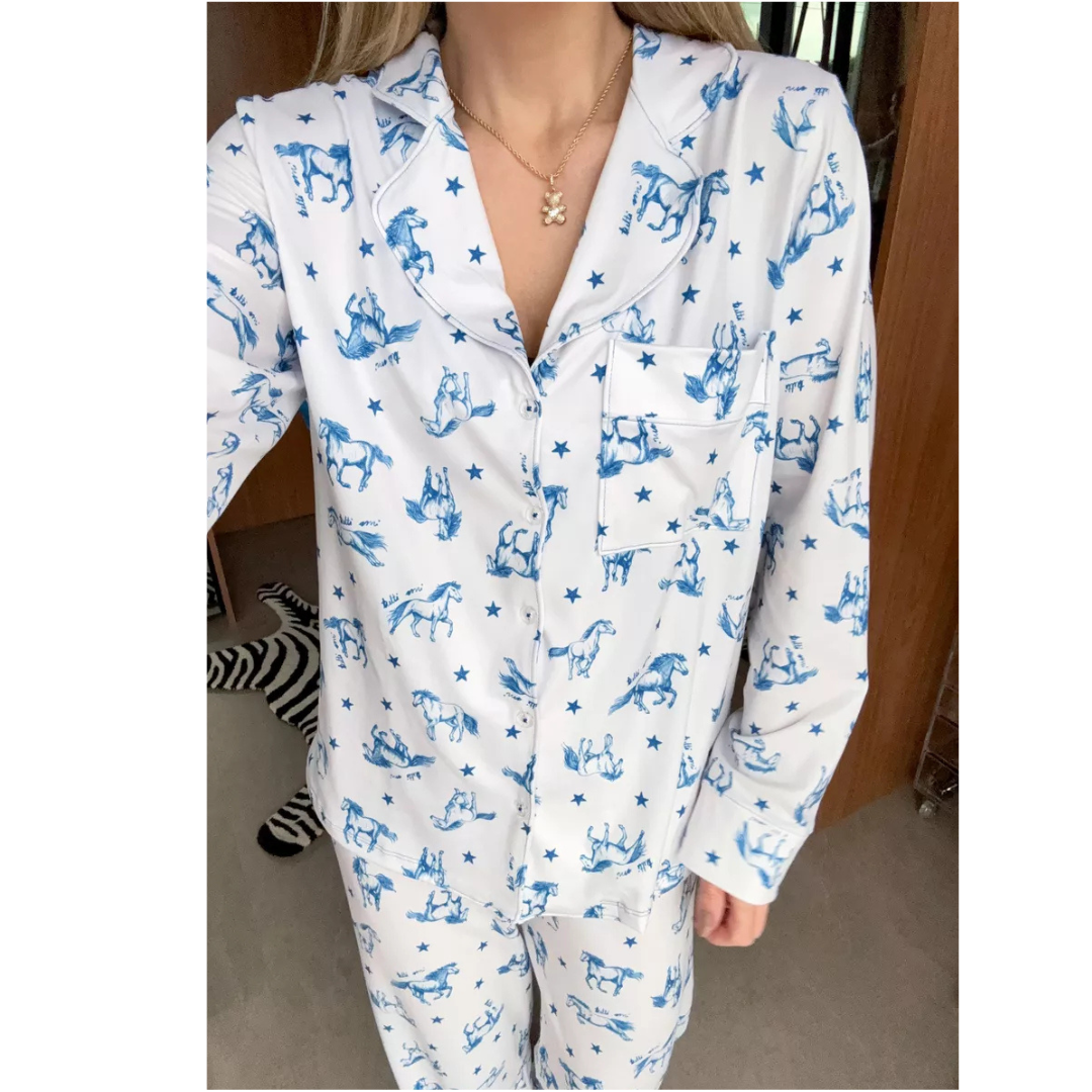 Pijama Feminino Americano Longo Cavalos Estrelas