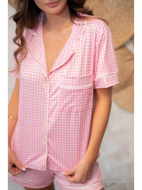 Pijama Feminino Americano Curto Xadrez Branco e Rosa