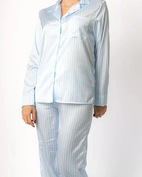 Pijama Feminino Americano Longo Cetim Listras Azul