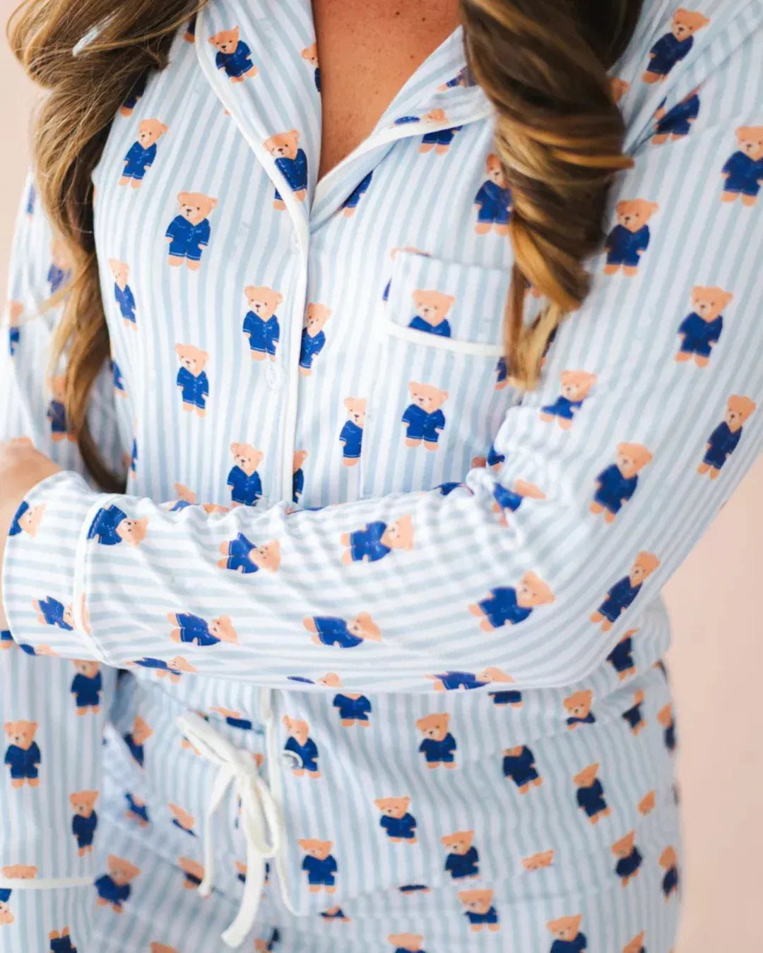 Pijama Feminino Americano Longo Aléxia Ursos Listras Azul