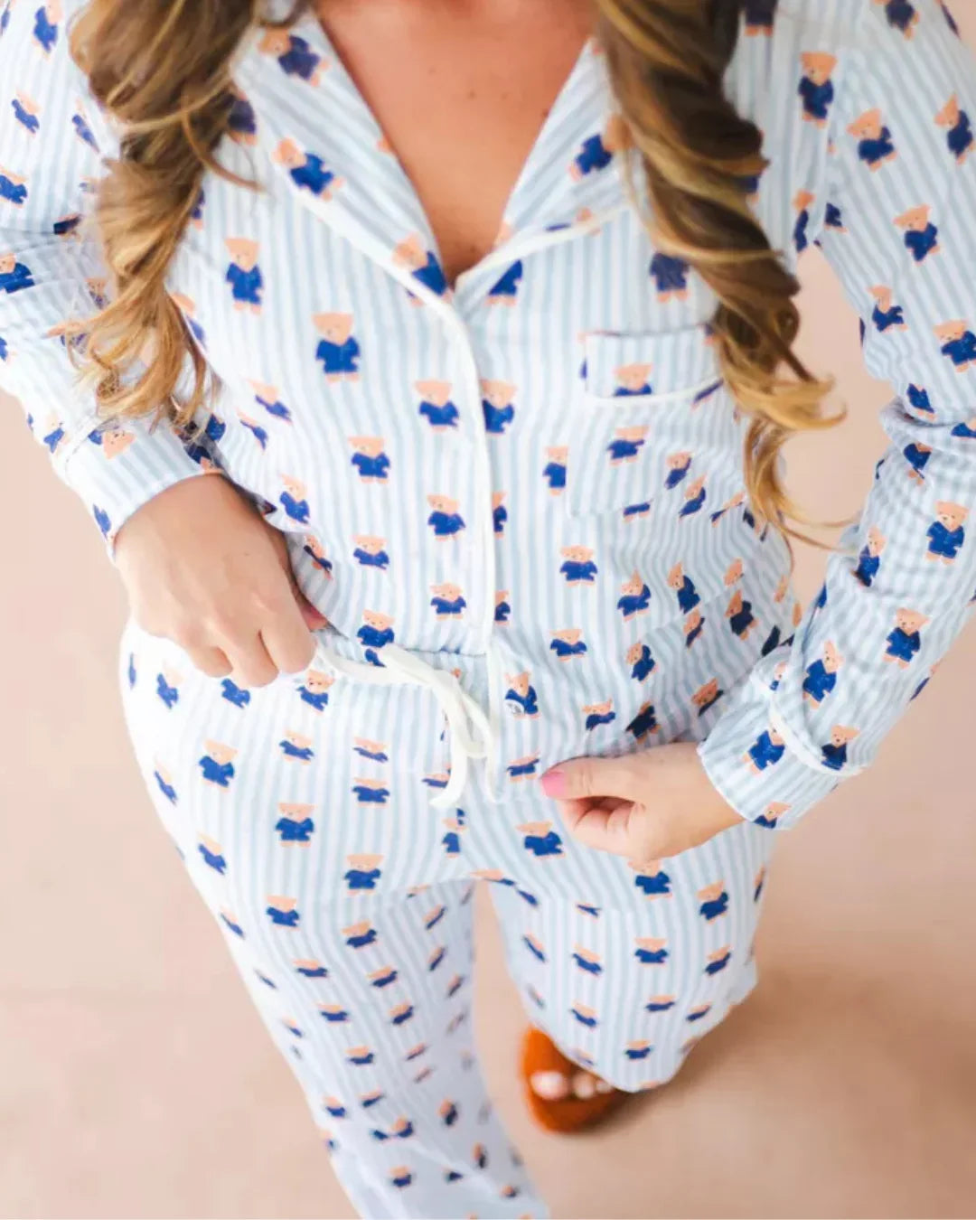 Pijama Feminino Americano Longo Aléxia Ursos Listras Azul