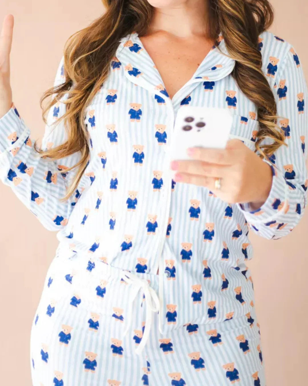 Pijama Feminino Americano Longo Aléxia Ursos Listras Azul