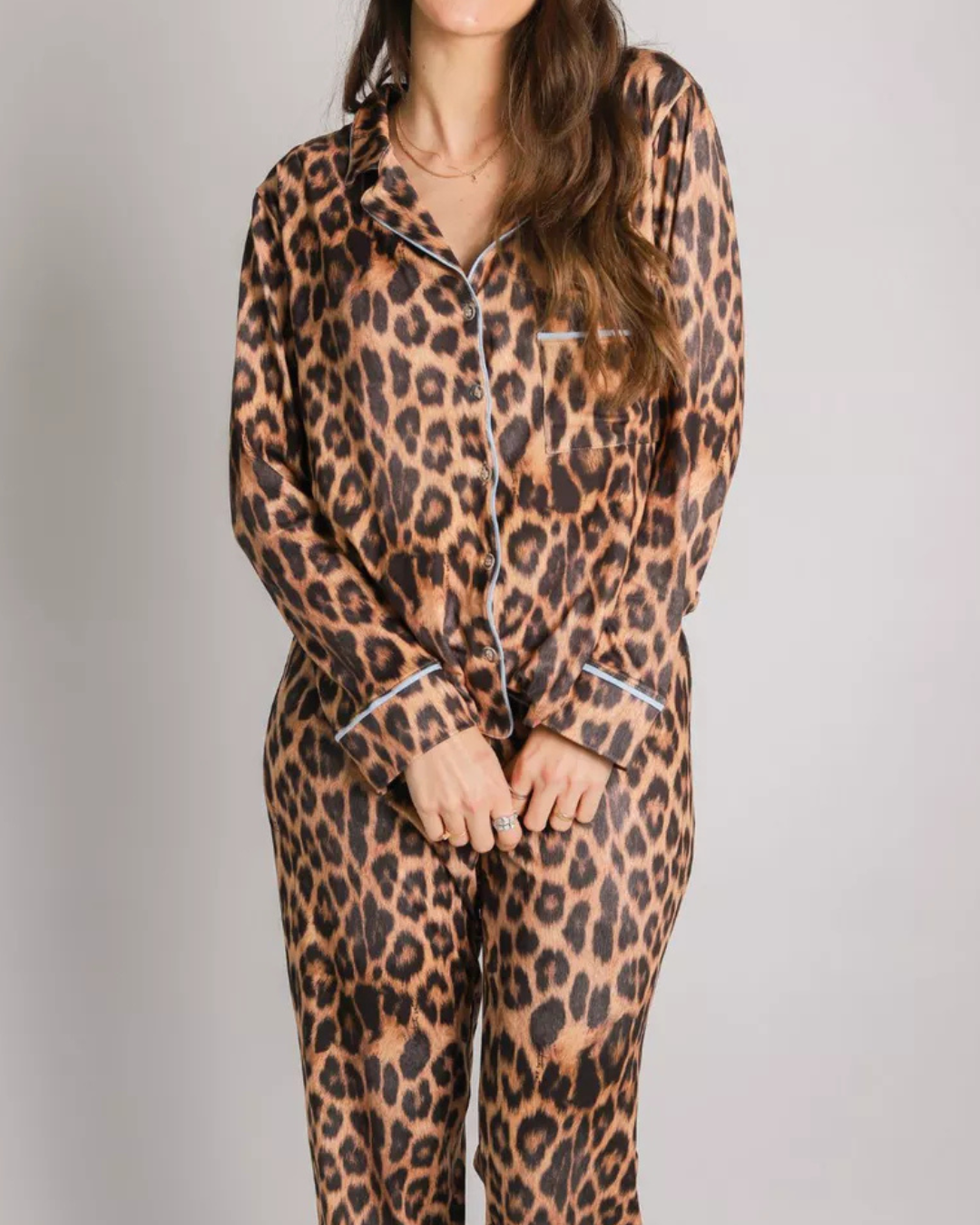Pijama Feminino Americano Longo Onça Detalhe Azul