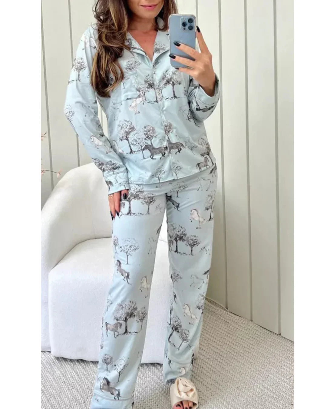 Pijama Feminino Americano Longo Cavalos Vintage