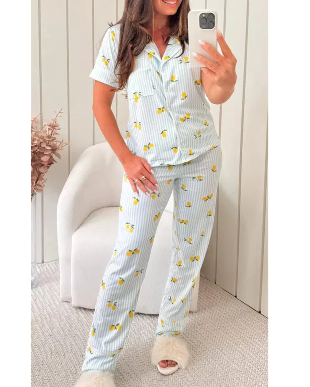Pijama Feminino Americano Meia Estação Listrado Limão