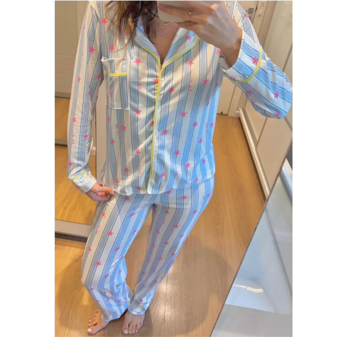 Pijama Feminino Americano Longo Listrado Estrelas