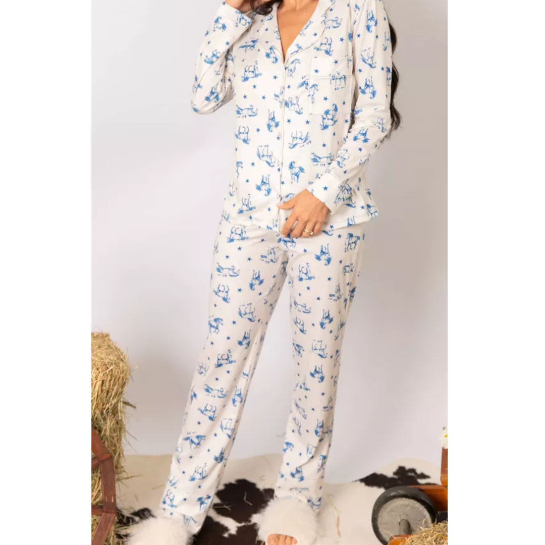 Pijama Feminino Americano Longo Cavalos Estrelas