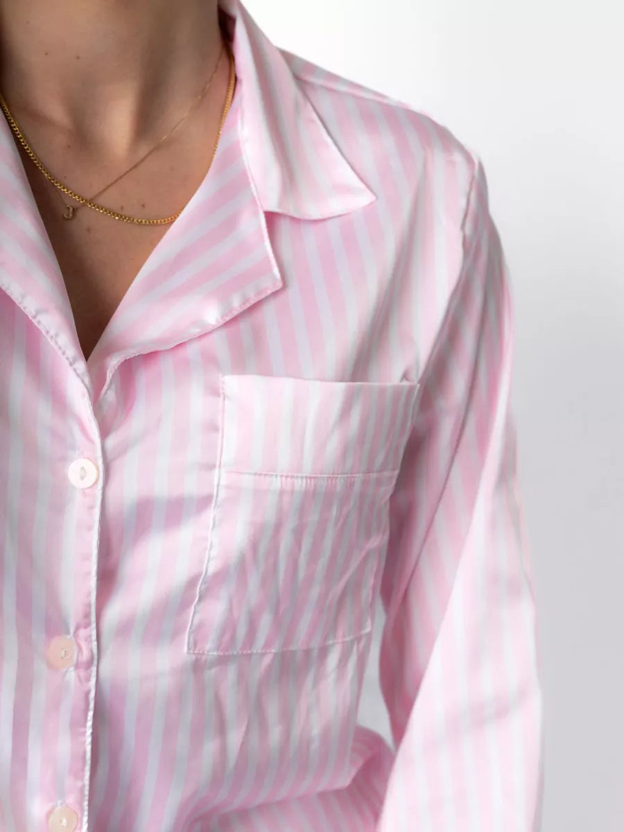Pijama Feminino Americano Longo Cetim Listras Rosa