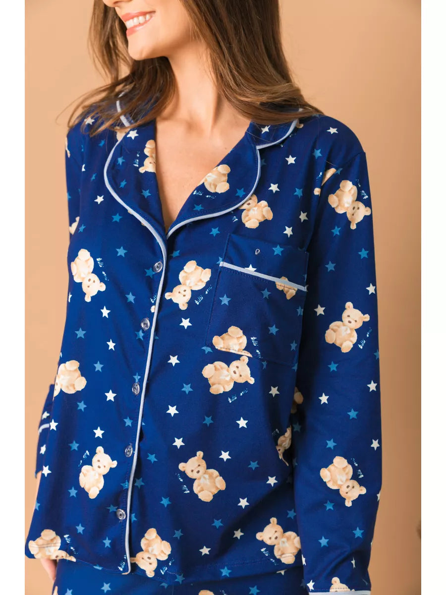 Pijama Feminino Americano Longo Ursos Estrelas