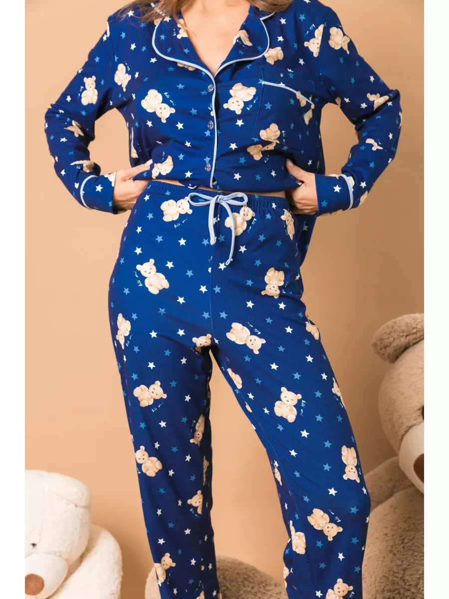 Pijama Feminino Americano Longo Ursos Estrelas
